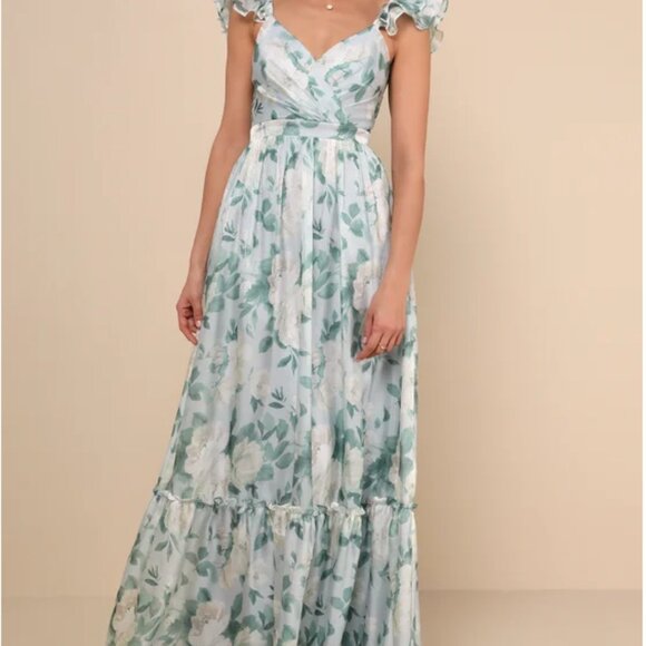 Lulus Soiree Perfection Light Blue Floral Ruffled Tiered Maxi Dress - Size L - Picture 1 of 8